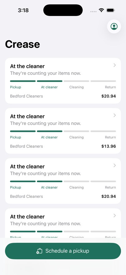 Crease order list showing two-leg dry cleaning progress