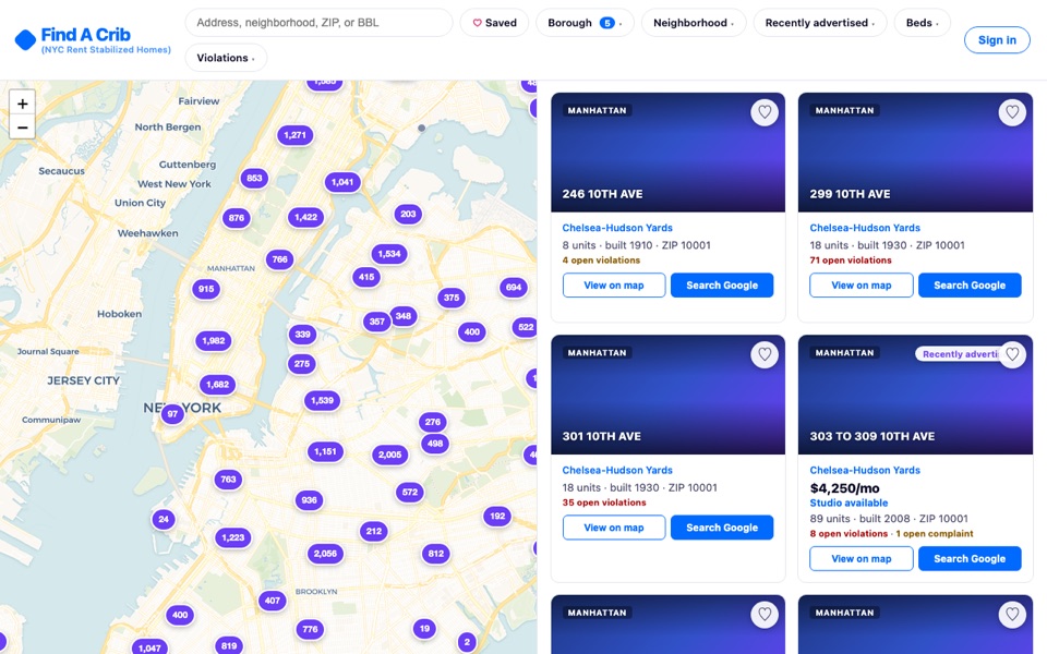 Find A Crib NYC rent-stabilized buildings map screenshot