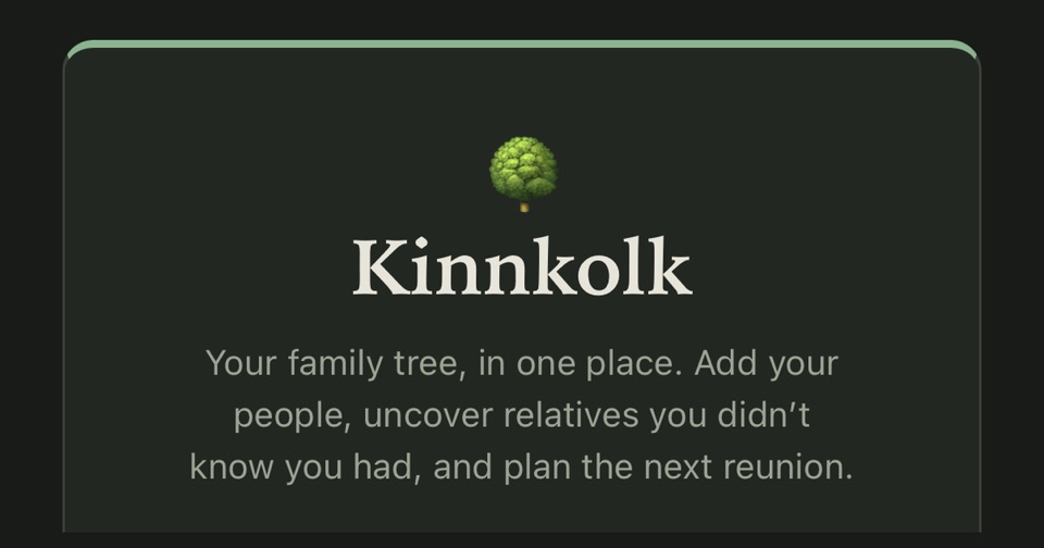 Kinnkolk shared family tree landing card