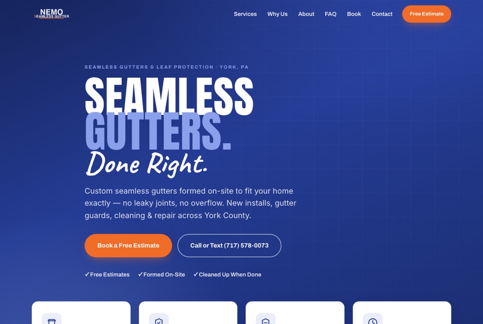NEMO Seamless Gutter homepage